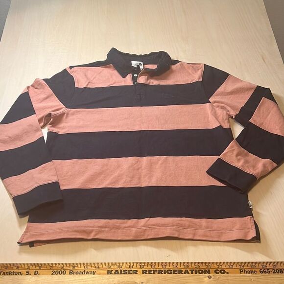 The North Face Men's Coral Navy Striped‎ Rugby Long Sleeves Collard Polo Size L - Picture 1 of 5